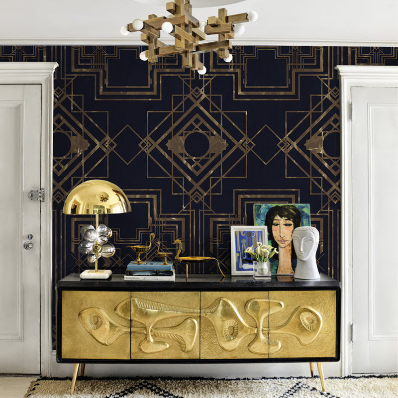 Contemporary Geometric Wall Mural Decal for Living Room Customized Wall Covering in Dark Color Black-Gold Clearhalo 'Wall Decor' 'Wall Mural' 1274460