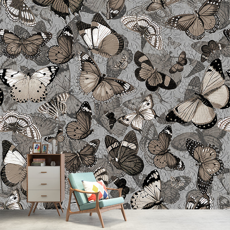 Dark Color Butterflies Mural Wallpaper Moisture Resistant Wall Decor for Living Room Grey Clearhalo 'Wall Decor' 'Wall Mural' 1274475