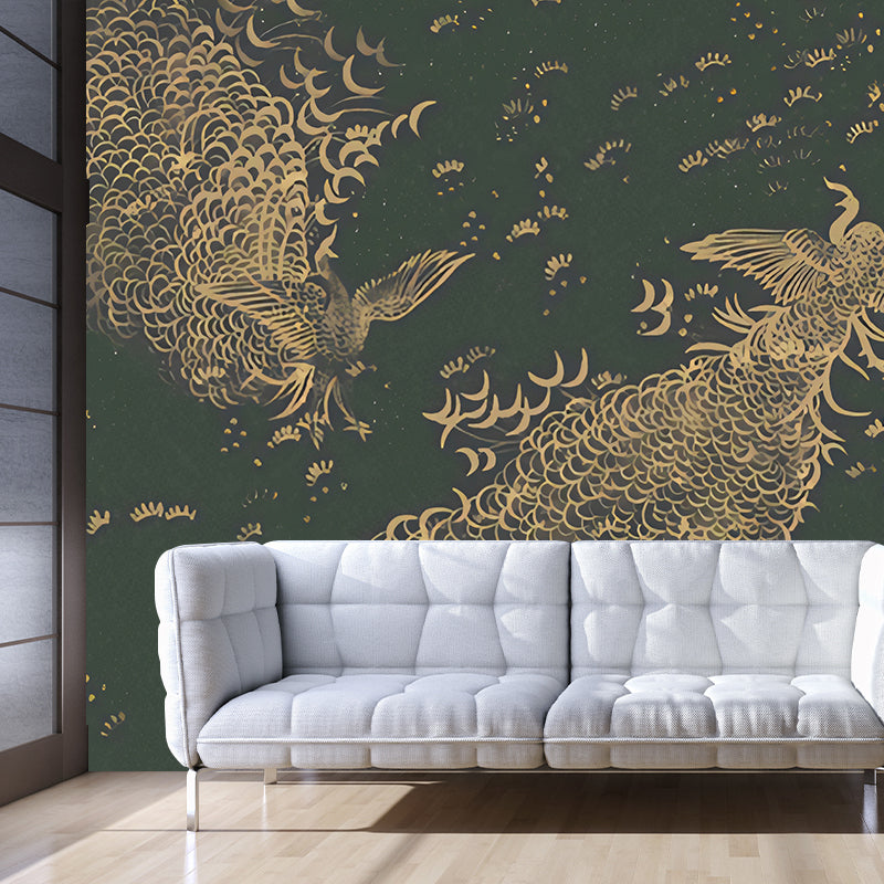 Large Peacock Wall Covering Murals in Dark Color Non-Woven Wall Art, Waterproof, Personalized Size Blackish Green Clearhalo 'Wall Decor' 'Wall Mural' 1274485