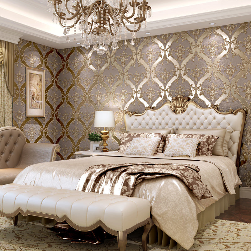 European Ogee Wallpaper Flock Moisture Resistant Dark Color Wall Art for Bedroom Clearhalo 'Vintage wall decor' 'Vintage' 'Wallpaper' Wall Decor' 1284741