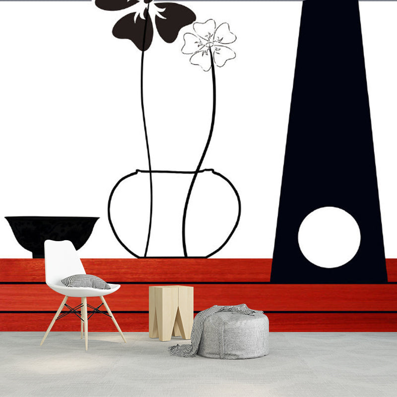 Red-Black Minimalist Wall Mural Decal Large Flower and Vase Pattern Wall Covering for Decor Red-Black B Clearhalo 'Wall Decor' 'Wall Mural' 1285532
