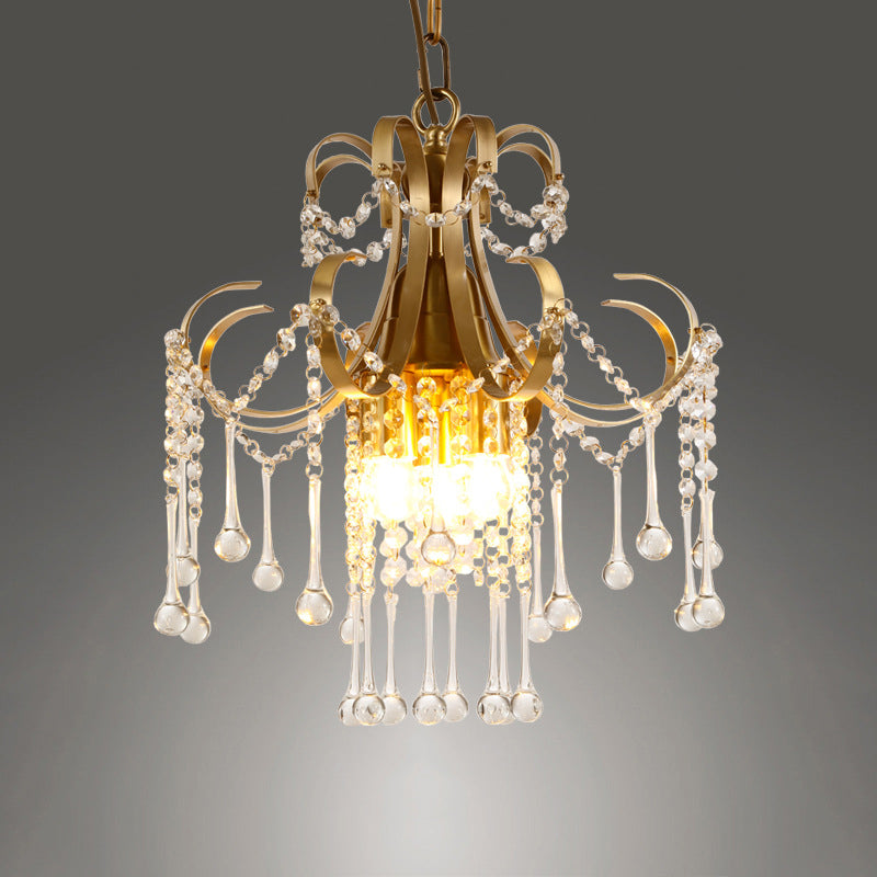 Curvy Arm Crystal Beads Ceiling Pendant Modern 3 Bulbs Bedchamber Chandelier Lamp in Gold Clearhalo 'Ceiling Lights' 'Chandeliers' 'Modern Chandeliers' 'Modern' Lighting' 1290185