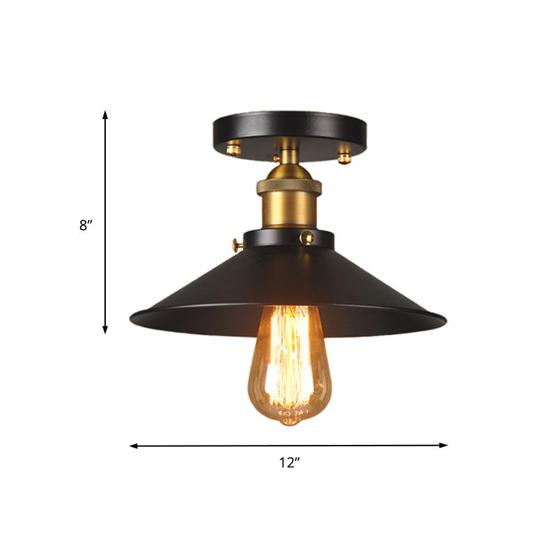 9.5"/10" Dia Flat Shade Corridor Ceiling Mounted Light Industrial Metallic 1 Head Semi Flush Light in Black Clearhalo 'Ceiling Lights' 'Close To Ceiling Lights' 'Close to ceiling' 'Semi-flushmount' Lighting' 138442
