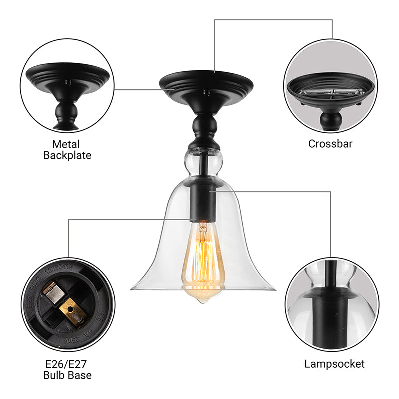 One Bulb Ceiling Lighting Industrial Flared Shade Clear Glass Semi Flush Mount Light in Black Clearhalo 'Ceiling Lights' 'Close To Ceiling Lights' 'Close to ceiling' 'Glass shade' 'Glass' 'Semi-flushmount' Lighting' 138469