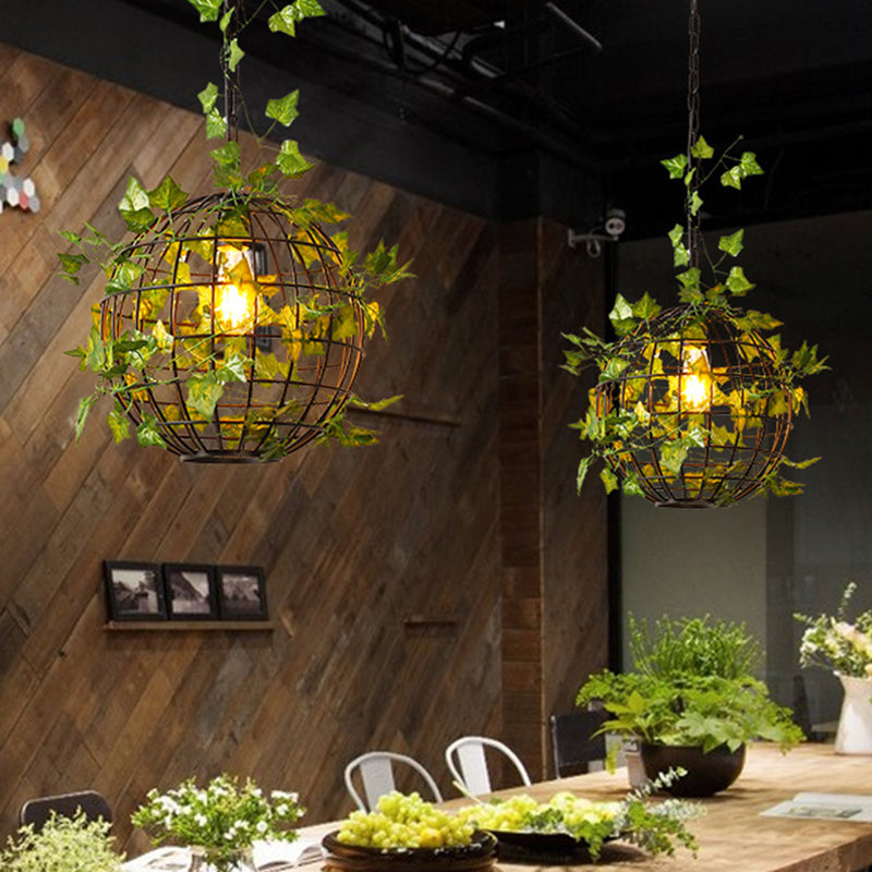 artificial ceiling hanging plants Industrial Style Globe Cage Ceiling Hang Fixture 1 Head Iron Pendulum Light with Artificial Plant Deco in Black
