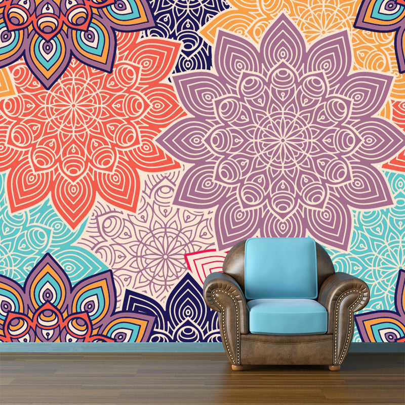Bohemian Sunflower Print Murals Wallpaper Multicolored Living Room Wall Covering, Optional Size Orange-Purple Clearhalo 'Wall Decor' 'Wall Mural' 1393527