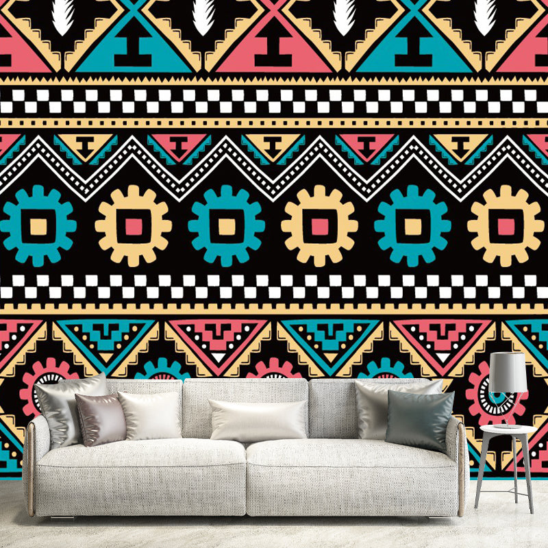 Seamless Tribal Stripe Mural Wallpaper Red-Yellow-Green Bohemian Wall Decor for Home Red-Yellow-Green A Clearhalo 'Wall Decor' 'Wall Mural' 1393552