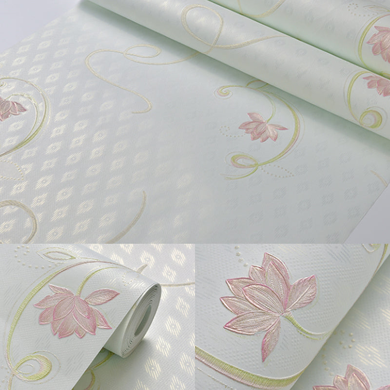 Rural Flower Lotus Wallpaper Roll Soft Color Stain Resistant Wall Art for Bedroom Clearhalo 'Country wall decor' 'Rustic' 'Wallpaper' Wall Decor' 1395517