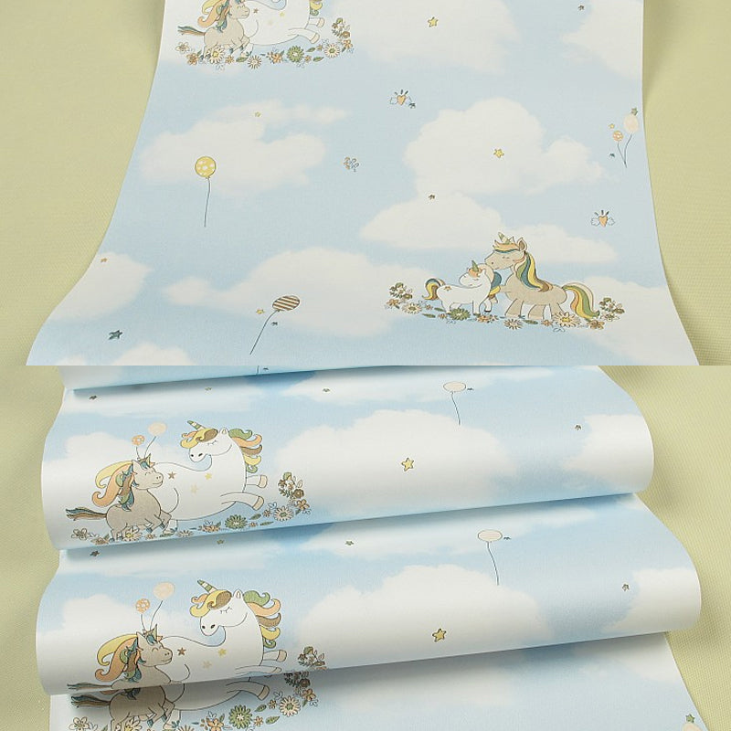 Cute Cartoon Unicorn Wallpaper for Childrens Bedroom, Soft Color, 31' L x 20.5" W Blue Clearhalo 'Wall Decor' 'Wallpaper' 1396548
