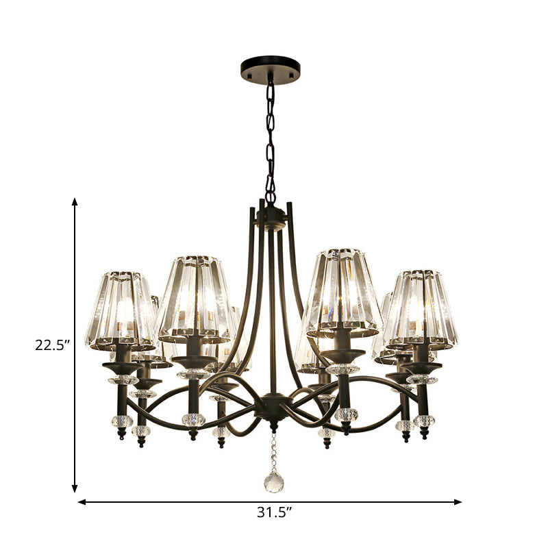 8 Heads Hanging Light Fixture Modern Swirled Arms Crystal Tapered Shade Chandelier in Black with Rounded Glass Ball Clearhalo 'Ceiling Lights' 'Chandeliers' 'Modern Chandeliers' 'Modern' Lighting' 1399897