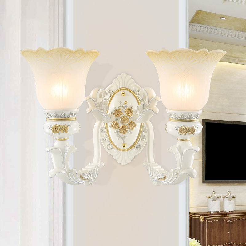 Flared Pattern Glass Sconce Lighting Antiqued 1/2-Light Dining Room Wall Mount Light Fixture in White 2.0 White Clearhalo 'Wall Lamps & Sconces' 'Wall Lights' Lighting' 1400275