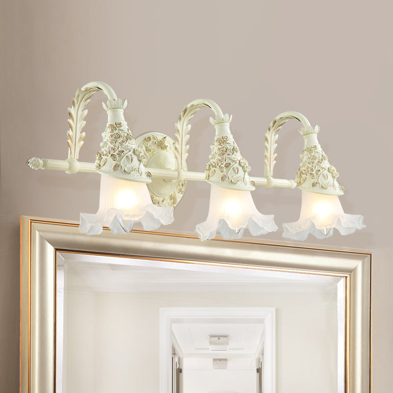 Ruffled Bath Vanity Wall Sconce Antique Frosted Glass 1/2/3-Bulb White Wall Mount Light Fixture 3.0 White Clearhalo 'Vanity Lights' 'Wall Lights' Lighting' 1400480
