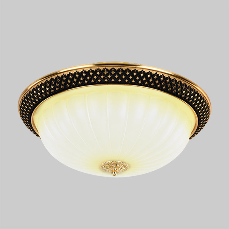 Semi-Orb Corridor Flush Mount Vintage Fluted Opal Glass Black and Gold LED Ceiling Lighting, 11"/15" Width Clearhalo 'Ceiling Lights' 'Close To Ceiling Lights' 'Close to ceiling' 'Flush mount' Lighting' 1409244