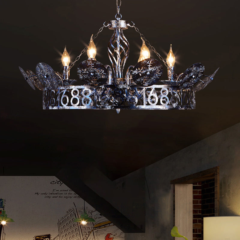 Etched Circular Coffee Shop Hanging Light Antique Wrought Iron 6 Heads Rust Chandelier Lamp with Bare Bulb Clearhalo 'Ceiling Lights' 'Chandeliers' Lighting' options 1416035