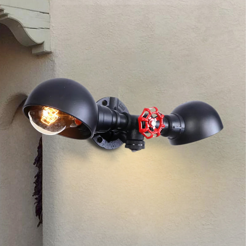 Domed Metal Wall Lamp Farmhouse Style 2 Lights Living Room Black Wall Mount Light with Valve Wheel Deco Clearhalo 'Art deco wall lights' 'Cast Iron' 'Glass' 'Industrial wall lights' 'Industrial' 'Middle century wall lights' 'Modern' 'Rustic wall lights' 'Tiffany' 'Traditional wall lights' 'Wall Lamps & Sconces' 'Wall Lights' Lighting' 1416259