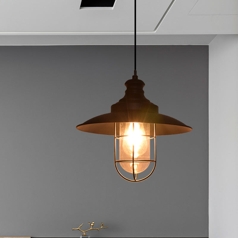 1-Light Ceiling Pendant Light Coastal Black Clear Glass Hanging Lamp for Coffee Shop with Iron Cage Clearhalo 'Ceiling Lights' 'Close To Ceiling Lights' 'Glass shade' 'Glass' 'Industrial Pendants' 'Industrial' 'Middle Century Pendants' 'Pendant Lights' 'Pendants' 'Tiffany' Lighting' 1416552