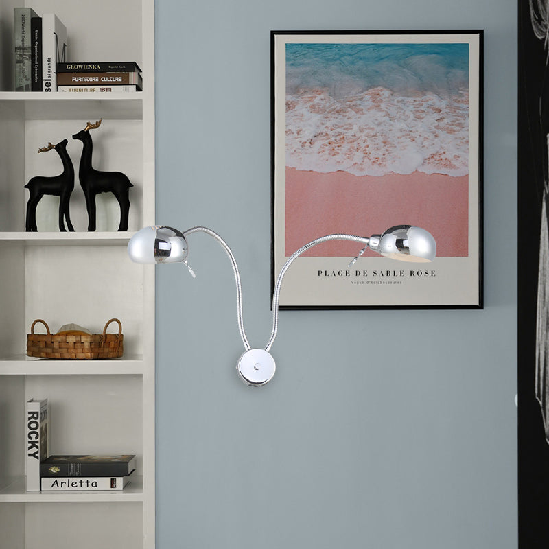 Double Domed Metal Wall Sconce Industrial Style 2 Lights Bedroom Wall Light Fixture with Flexible Arm in Black/Chrome Clearhalo 'Art deco wall lights' 'Cast Iron' 'Glass' 'Industrial wall lights' 'Industrial' 'Middle century wall lights' 'Modern' 'Rustic wall lights' 'Tiffany' 'Traditional wall lights' 'Wall Lamps & Sconces' 'Wall Lights' Lighting' 1416685