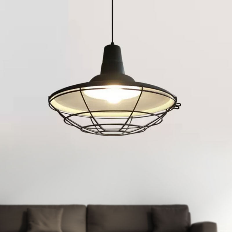 Flat Metal Ceiling Pendant Light with Wire Frame Vintage Stylish 1 Light Restaurant Hanging Lamp in Black Clearhalo 'Art Deco Pendants' 'Black' 'Cast Iron' 'Ceiling Lights' 'Ceramic' 'Crystal' 'Industrial Pendants' 'Industrial' 'Metal' 'Middle Century Pendants' 'Pendant Lights' 'Pendants' 'Rustic Pendants' 'Tiffany' Lighting' 1417012