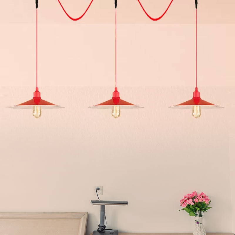 Industrial Style Flared Hanging Lamp 3/5 Lights Metallic Hanging Light Fixture in Red for Kitchen Clearhalo 'Art Deco Pendants' 'Cast Iron' 'Ceiling Lights' 'Ceramic' 'Crystal' 'Industrial Pendants' 'Industrial' 'Metal' 'Middle Century Pendants' 'Pendant Lights' 'Pendants' 'Tiffany' Lighting' 1418077