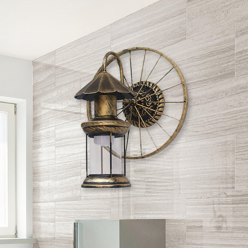 Black/Bronze Lantern Wall Sconce Light Vintage Industrial Metal 1 Light Restaurant Sconce Lamp with Wheel Decoration Clearhalo 'Art deco wall lights' 'Cast Iron' 'Glass' 'Industrial wall lights' 'Industrial' 'Middle century wall lights' 'Modern' 'Rustic wall lights' 'Tiffany' 'Traditional wall lights' 'Wall Lamps & Sconces' 'Wall Lights' Lighting' 1418381