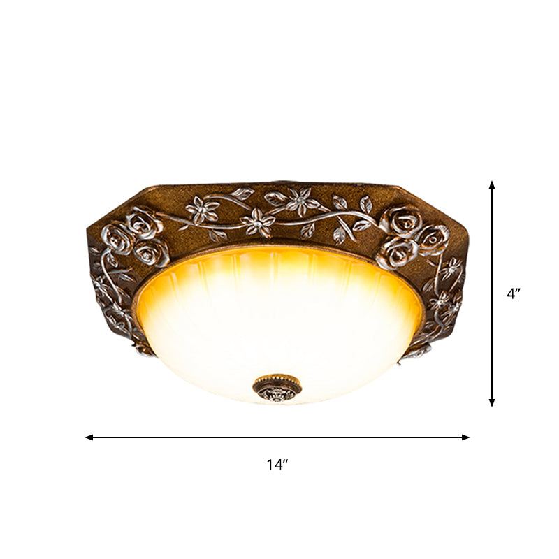 Milky Fluted Glass Round Flush Mount Traditional Dining Room LED Ceiling Light Fixture with Carving Bloom Decor in Brown, 14"/16" Wide Clearhalo 'Ceiling Lights' 'Close To Ceiling Lights' 'Close to ceiling' 'Flush mount' Lighting' 1419025