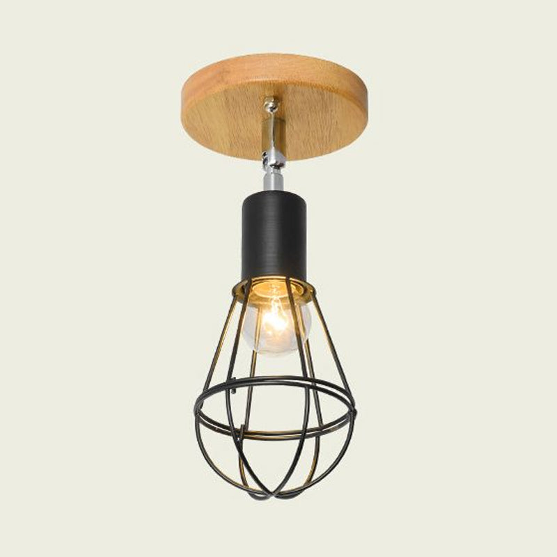1 Bulb Wire Cage Semi-Flush Ceiling Fixture Industrial Loft Black Metallic Rotatable Ceiling Mounted Fixture, 4"/5.5" Dia Clearhalo 'Ceiling Lights' 'Close To Ceiling Lights' 'Close to ceiling' 'Semi-flushmount' Lighting' 1419361