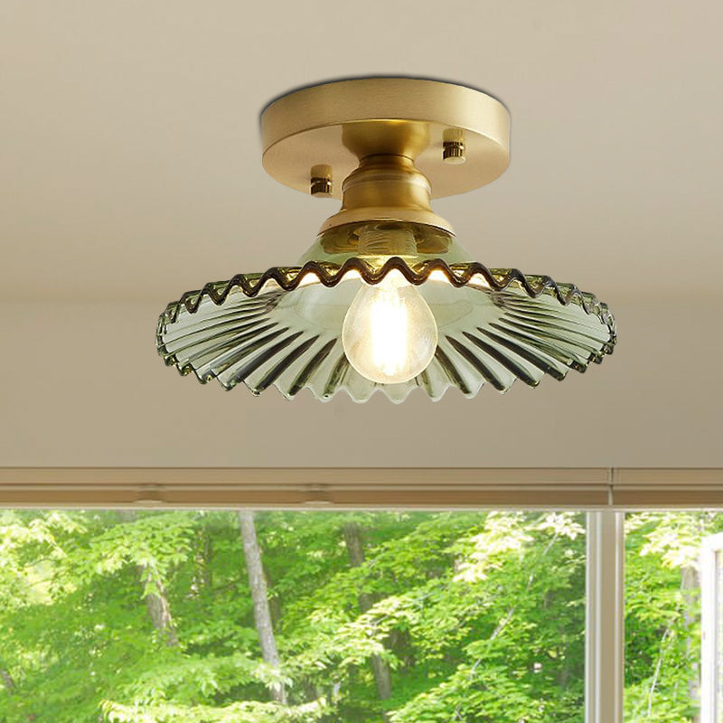 1 Light Flared Semi Flush Light Industrial Clear/Green Ribbed Glass Ceiling Mount for Living Room Clearhalo 'Ceiling Lights' 'Close To Ceiling Lights' 'Close to ceiling' 'Flush mount' Lighting' 1419790