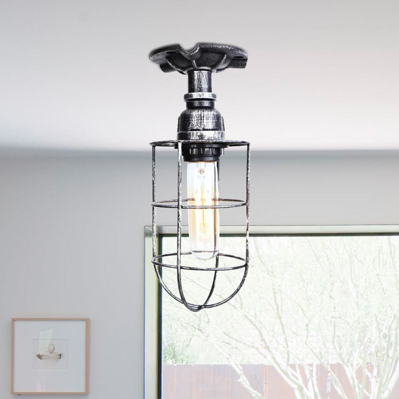 Black/Bronze 1 Bulb Semi-Flush Mount Light Vintage Metal Wire Guard Ceiling Mounted Light for Corridor Clearhalo 'Ceiling Lights' 'Close To Ceiling Lights' 'Close to ceiling' 'Semi-flushmount' Lighting' 1419839