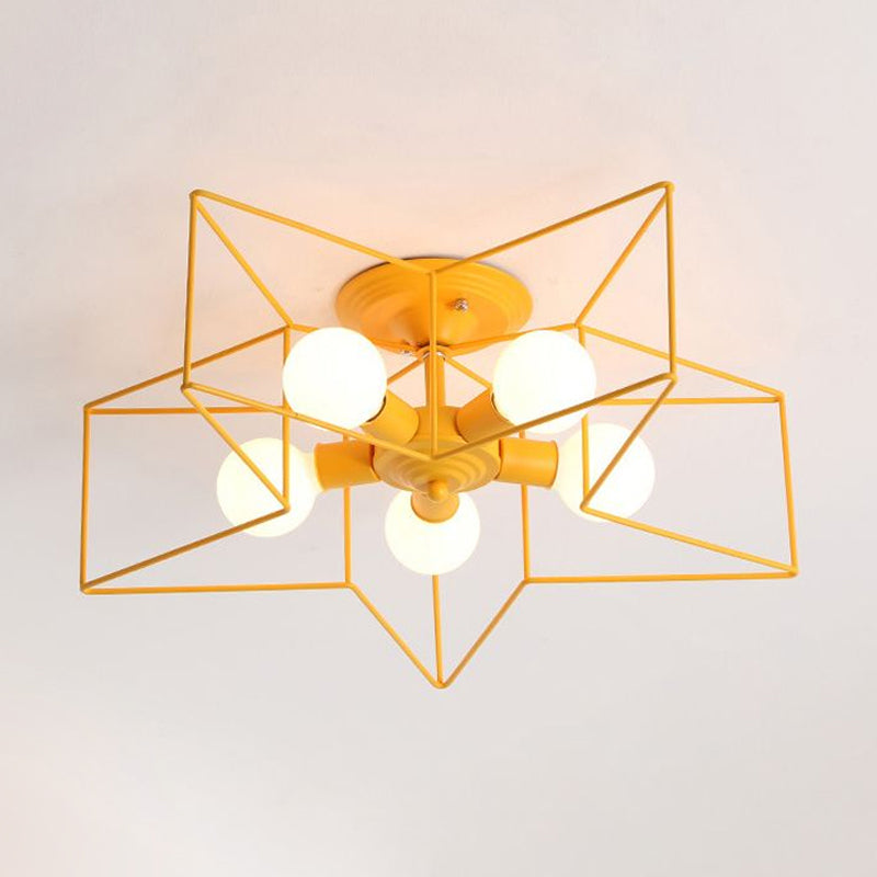 5 Bulbs Semi-Flush Ceiling Fixture with Star Cage Shade Metallic Loft Stylish Indoor Semi Flush Light in Grey/Pink Clearhalo 'Ceiling Lights' 'Close To Ceiling Lights' 'Close to ceiling' 'Semi-flushmount' Lighting' 1419867