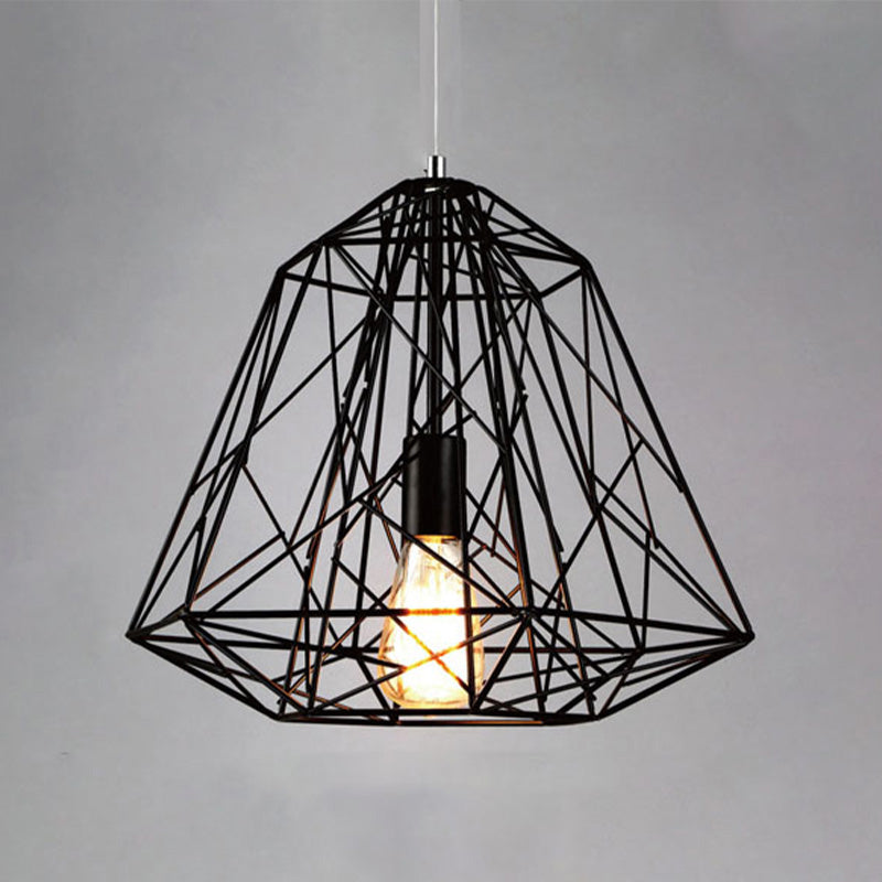 1 Head Ceiling Hanging Light Retro Style Geometric Cage Shade Metallic Suspension Lamp in Black/White Clearhalo 'Art Deco Pendants' 'Black' 'Cast Iron' 'Ceiling Lights' 'Ceramic' 'Crystal' 'Industrial Pendants' 'Industrial' 'Metal' 'Middle Century Pendants' 'Pendant Lights' 'Pendants' 'Rustic Pendants' 'Tiffany' Lighting' 1420000