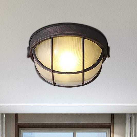 Rust Single Light Ceiling Lighting Rustic Ribbed Glass Dome Flush Fixture with Cage Clearhalo 'Ceiling Lights' 'Close To Ceiling Lights' 'Close to ceiling' 'Flush mount' 'Industrial Flush Mount' Lighting' 1420069
