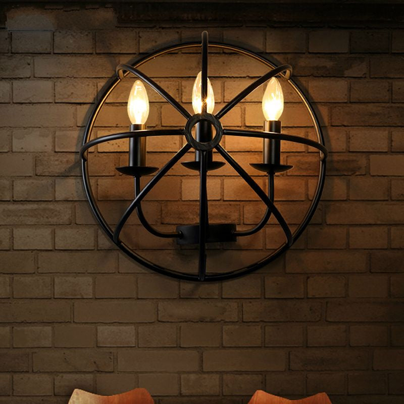 Circle Caged Iron Wall Lighting with Candle Design Industrial 2/3 Lights Dining Room Wall Sconce Light in Black Clearhalo 'Art deco wall lights' 'Cast Iron' 'Glass' 'Industrial wall lights' 'Industrial' 'Middle century wall lights' 'Modern' 'Rustic wall lights' 'Tiffany' 'Traditional wall lights' 'Wall Lamps & Sconces' 'Wall Lights' Lighting' 1420497
