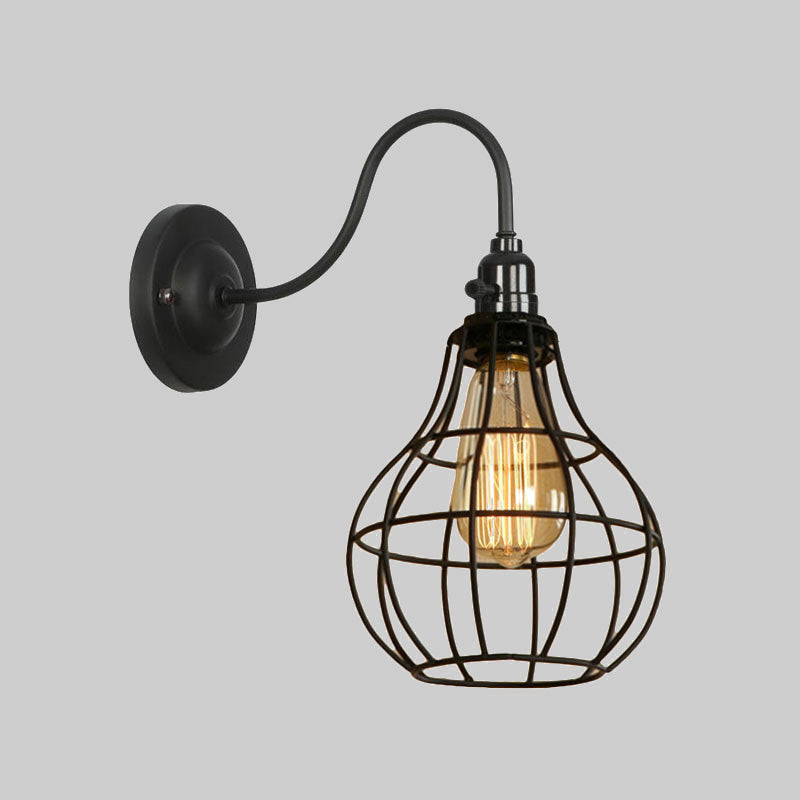 Industrial Globe/Teardrop Cage Wall Sconce Metal 1 Bulb Metallic Wall Lighting with Gooseneck Arm in Black Clearhalo 'Art deco wall lights' 'Cast Iron' 'Glass' 'Industrial wall lights' 'Industrial' 'Middle century wall lights' 'Modern' 'Rustic wall lights' 'Tiffany' 'Traditional wall lights' 'Wall Lamps & Sconces' 'Wall Lights' Lighting' 1420508