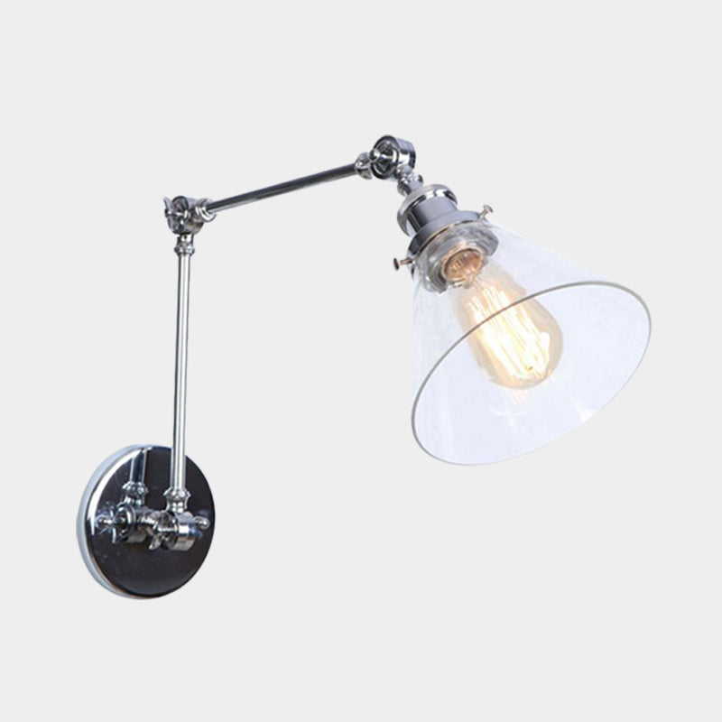 1 Light Tapered Sconce Light Fixture Vintage Style Satin Brass/Chrome/Antique Brass Clear Glass Wall Lamp for Living Room Clearhalo 'Art deco wall lights' 'Cast Iron' 'Glass' 'Industrial wall lights' 'Industrial' 'Middle century wall lights' 'Modern' 'Rustic wall lights' 'Tiffany' 'Traditional wall lights' 'Wall Lamps & Sconces' 'Wall Lights' Lighting' 1420652