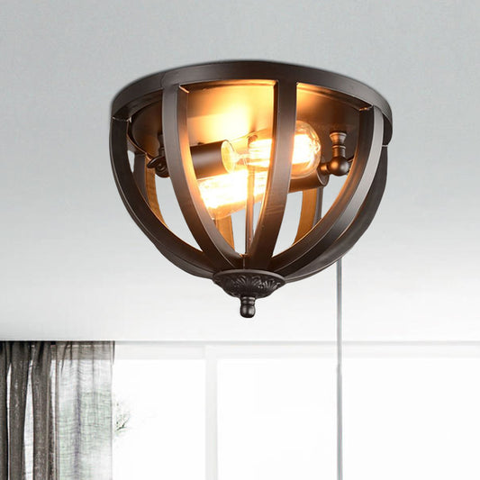 Metallic Bowl Caged Ceiling Mounted Lamp Vintage Style 2 Lights Living Room Flush Mount Light Fixture in Black Clearhalo 'Ceiling Lights' 'Close To Ceiling Lights' 'Close to ceiling' 'Flush mount' 'Industrial Flush Mount' Lighting' 1420765