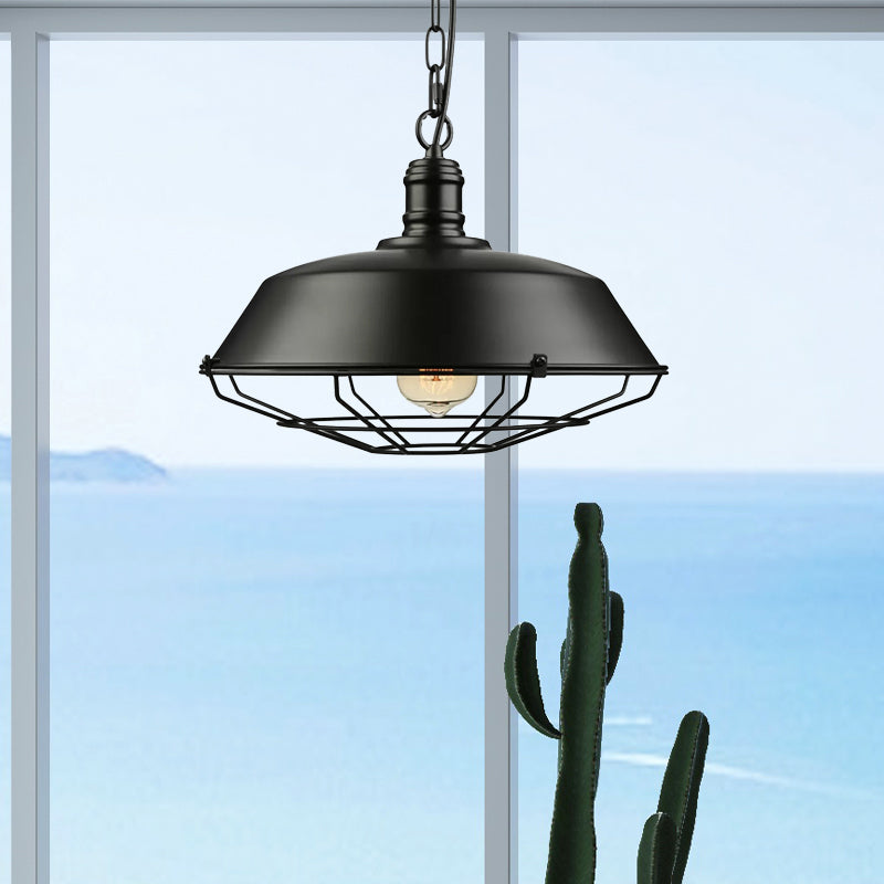 1 Bulb Wire Cage Ceiling Pendant with Barn Shade Metal Industrial Dining Table Hanging Fixture in Black Clearhalo 'Art Deco Pendants' 'Black' 'Cast Iron' 'Ceiling Lights' 'Ceramic' 'Crystal' 'Industrial Pendants' 'Industrial' 'Metal' 'Middle Century Pendants' 'Pendant Lights' 'Pendants' 'Rustic Pendants' 'Tiffany' Lighting' 1421097