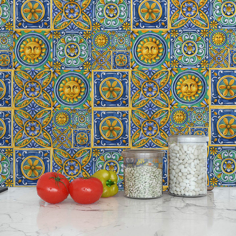 Adhesive Egyptian Tiles Wallpaper Panel in Blue-Yellow-Green Bohemian Style Wall Decor for Kitchen Clearhalo 'Wall Decor' 'Wallpaper' 1425281