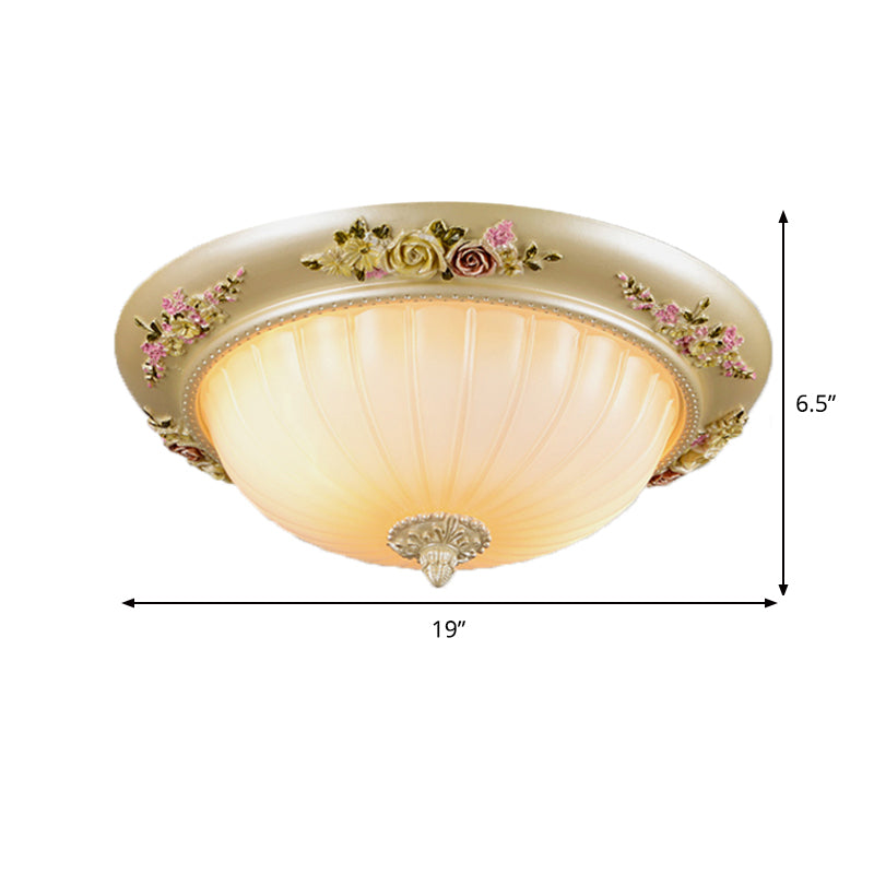 Beige 2/3-Head Flush Light Farmhouse Fluted Glass Domed Ceiling Lighting, 12.5"/14.5"/19" Width Clearhalo 'Ceiling Lights' 'Close To Ceiling Lights' 'Close to ceiling' 'Flush mount' Lighting' 1425330