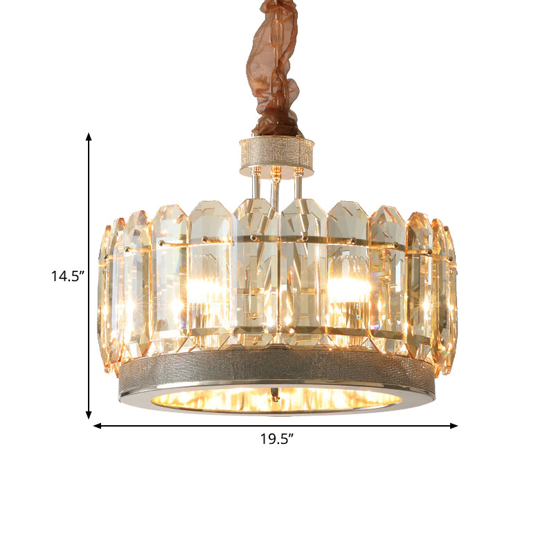 Drum Dinning Room Hanging Lamp Contemporary Clear Cut Crystal Blocks 6 Heads Gray Finish Chandelier Clearhalo 'Ceiling Lights' 'Chandeliers' 'Modern Chandeliers' 'Modern' Lighting' 1426679