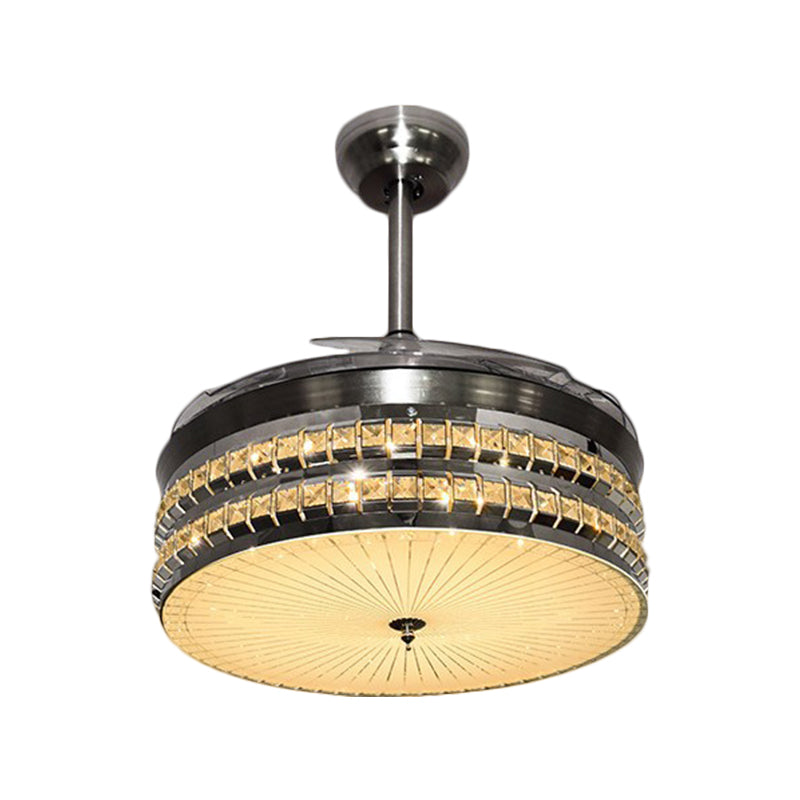 Chrome LED Pendant Fan Light Modern Clear Beveled Crystal Blocks Drum 3 Blades Semi Flush Mount, 42" Width Clearhalo 'Ceiling Fans with Lights' 'Ceiling Fans' 'Modern Ceiling Fans' 'Modern' Lighting' 1426832