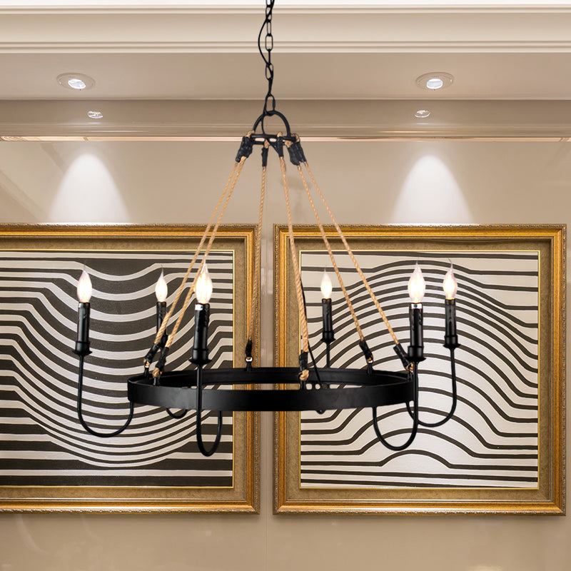 Vintage Candle Chandelier Lamp with Open Bulb 6 Heads Metal and Rope Ceiling Pendant Lamp in Black/Rust for Restaurant Clearhalo 'Cast Iron' 'Ceiling Lights' 'Chandeliers' 'Industrial Chandeliers' 'Industrial' 'Metal' 'Middle Century Chandeliers' 'Rustic Chandeliers' 'Tiffany' Lighting' 1429399