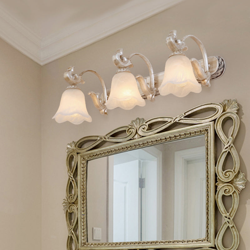 Light Brown 2/3-Head Wall Sconce Traditional Ribbed Opal Glass Blossom Vanity Fixture with Arched Arm 3.0 Light Brown Clearhalo 'Vanity Lights' 'Wall Lights' Lighting' 1431147