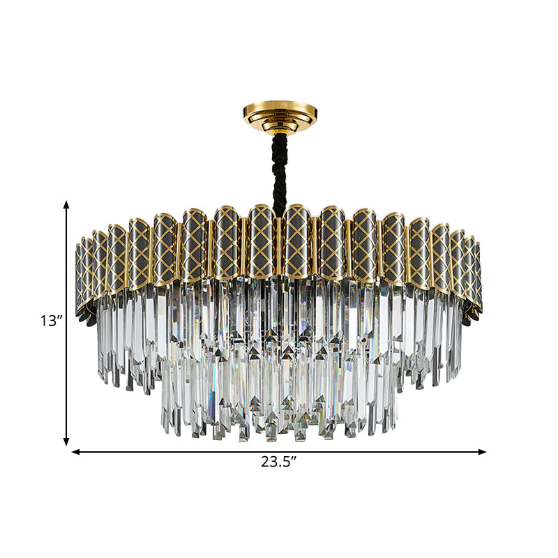 Crystal Rod 2 Tiers Round Pendant Light Modern 9 Bulbs Living Room Chandelier in Black-Gold Clearhalo 'Ceiling Lights' 'Chandeliers' 'Modern Chandeliers' 'Modern' Lighting' 1432064