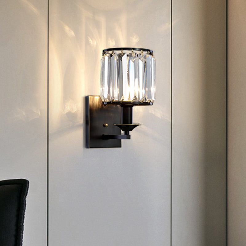Modern Cylinder Wall Lighting Ideas 1 Head Prismatic Crystal Wall Mount Lamp in Black Clearhalo 'Cast Iron' 'Glass' 'Industrial' 'Modern wall lights' 'Modern' 'Tiffany' 'Traditional wall lights' 'Wall Lamps & Sconces' 'Wall Lights' Lighting' 1432485