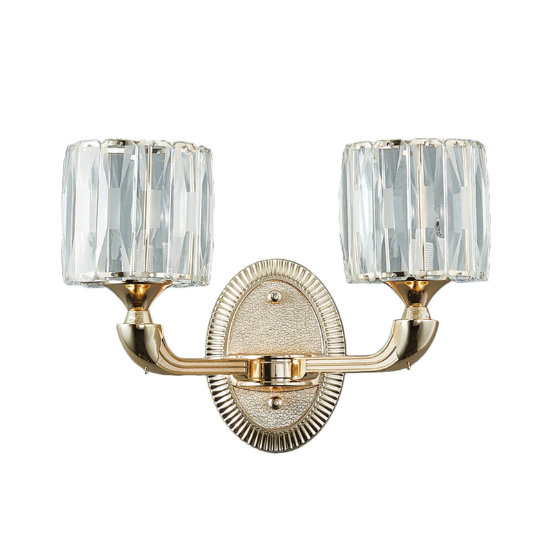 1/2-Head Beveled Cut Crystal Wall Lamp Contemporary Gold Cylinder Living Room Wall Mount Light Clearhalo 'Cast Iron' 'Glass' 'Industrial' 'Modern wall lights' 'Modern' 'Tiffany' 'Traditional wall lights' 'Wall Lamps & Sconces' 'Wall Lights' Lighting' 1432556
