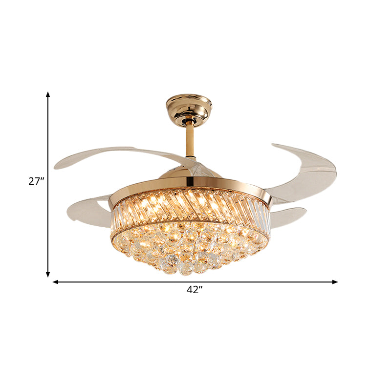 42" W K9 Crystal Tapered Fan Lamp Modern Dining Room LED Semi Flush Ceiling Light in Gold, 4 Blades Clearhalo 'Ceiling Fans with Lights' 'Ceiling Fans' 'Modern Ceiling Fans' 'Modern' Lighting' 1432640