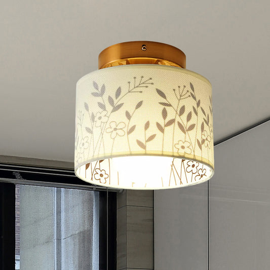 Fabric Cylinder Flush Mount Fixture with Flower/Deer Pattern Nordic 1 Bulb Flush Mount Ceiling Light for Foyer Clearhalo 'Ceiling Lights' 'Close To Ceiling Lights' 'Close to ceiling' 'Semi-flushmount' Lighting' 1433908