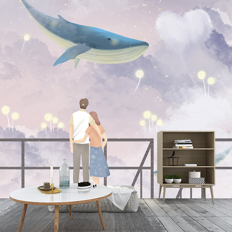 Cartoon Whale and Lover Mural Purple-White Bedroom Wall Covering, Personalized Size Clearhalo 'Wall Decor' 'Wall Mural' 1440567