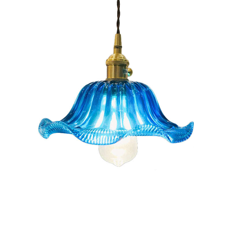 Industrial Scalloped Hanging Ceiling Light 1 Light Blue Glass Pendant Lighting Fixture, 12" Wide Clearhalo 'Ceiling Lights' 'Glass shade' 'Glass' 'Industrial Pendants' 'Industrial' 'Middle Century Pendants' 'Pendant Lights' 'Pendants' 'Tiffany' Lighting' 144078