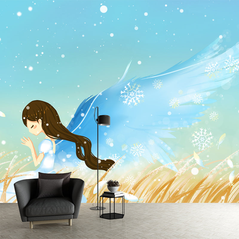 Full-Size Frost Day Mural for Bedroom Angel in Wheat Field Wall Art in Blue, Stain Resistant Clearhalo 'Wall Decor' 'Wall Mural' 1442718